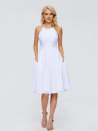 Elegant A-line Halter Neck Sleeveless Pleated Chiffon Knee Length Bridesmaid Dress