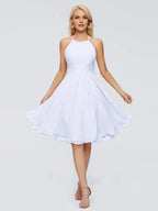 Elegant A-line Halter Neck Sleeveless Pleated Chiffon Knee Length Bridesmaid Dress