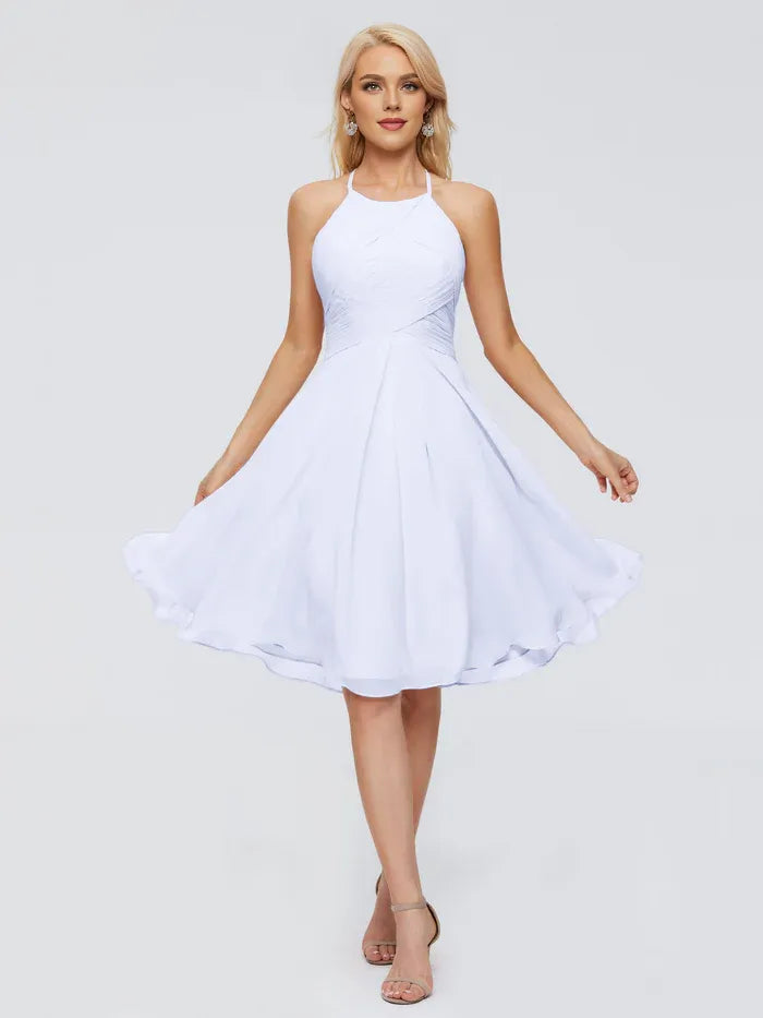 Elegant A-line Halter Neck Sleeveless Pleated Chiffon Knee Length Bridesmaid Dress