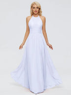 Elegant A-line Halter Neck Sleeveless Ruched Chiffon Floor-Length Bridesmaid Dress