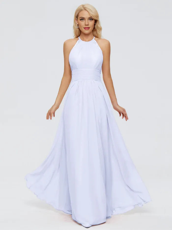 Elegant A-line Halter Neck Sleeveless Ruched Chiffon Floor-Length Bridesmaid Dress