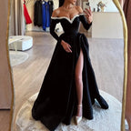 Elegant A-line Off-the-shoulder Long-sleeved Pearl Black Maxi Prom Dress for Women Custom