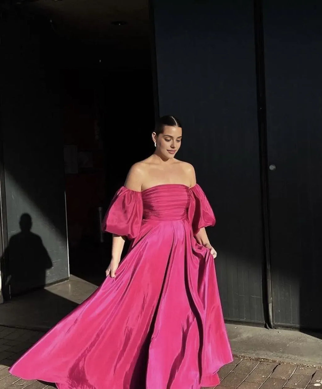 A-line Off Shoulder Puff Sleeve Backless Floor Length Evening Gown