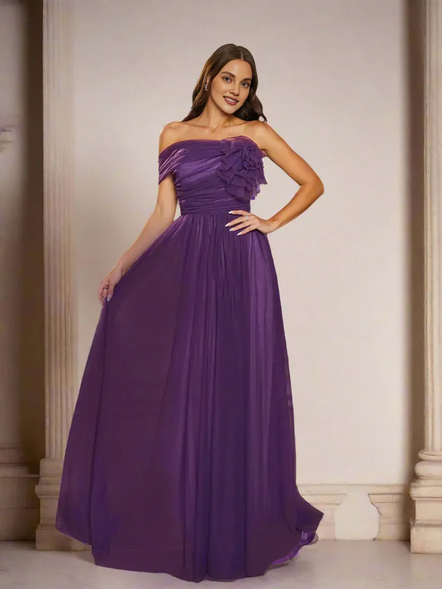 A-line Off Shoulder Sleeveless Back Zip Floor-Length Prom Dress