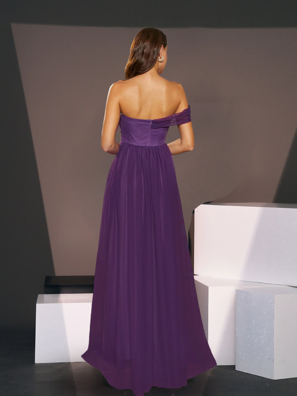 A-line Off Shoulder Sleeveless Back Zip Floor-Length Prom Dress