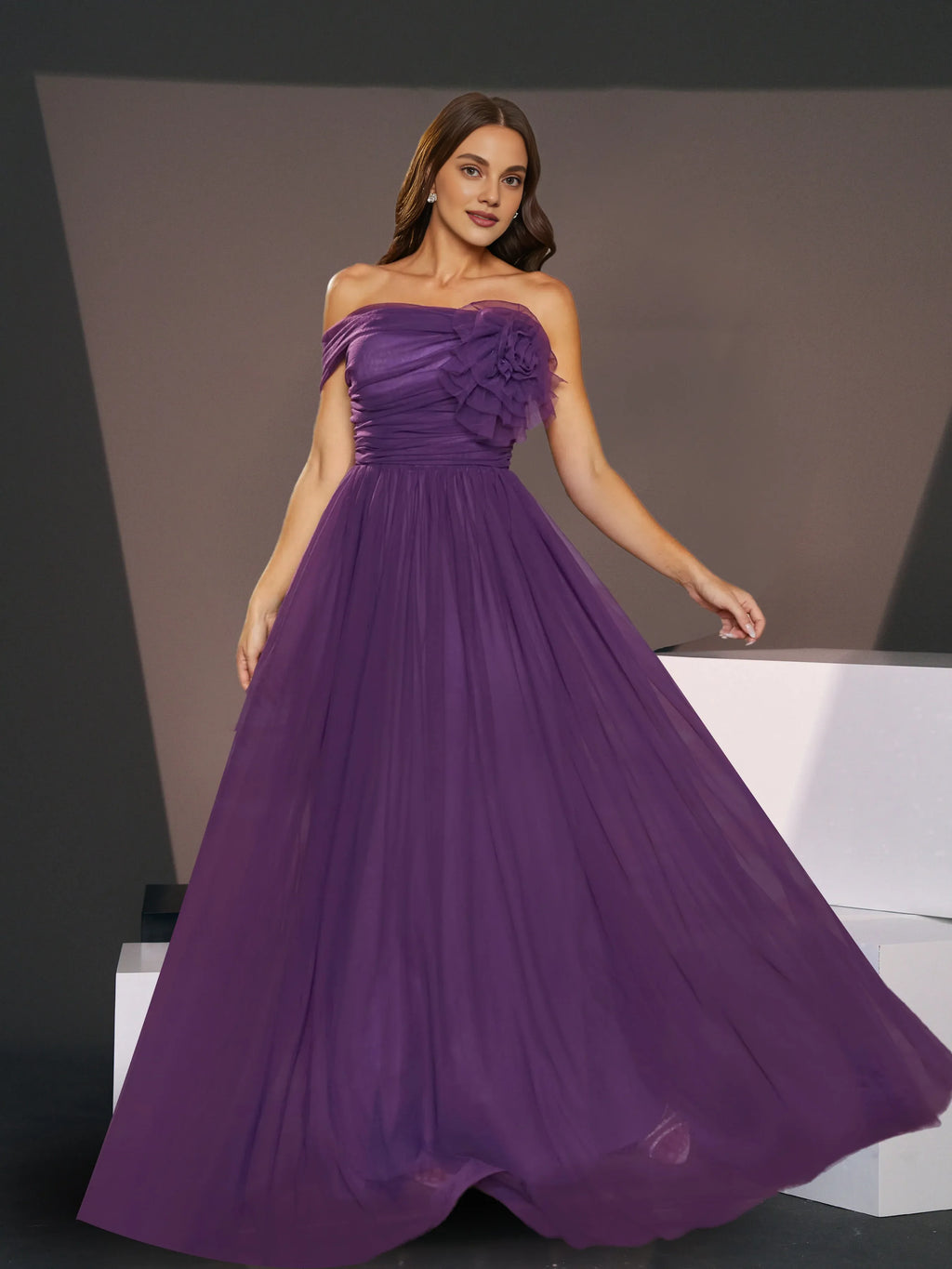 A-line Off Shoulder Sleeveless Back Zip Floor-Length Prom Dress