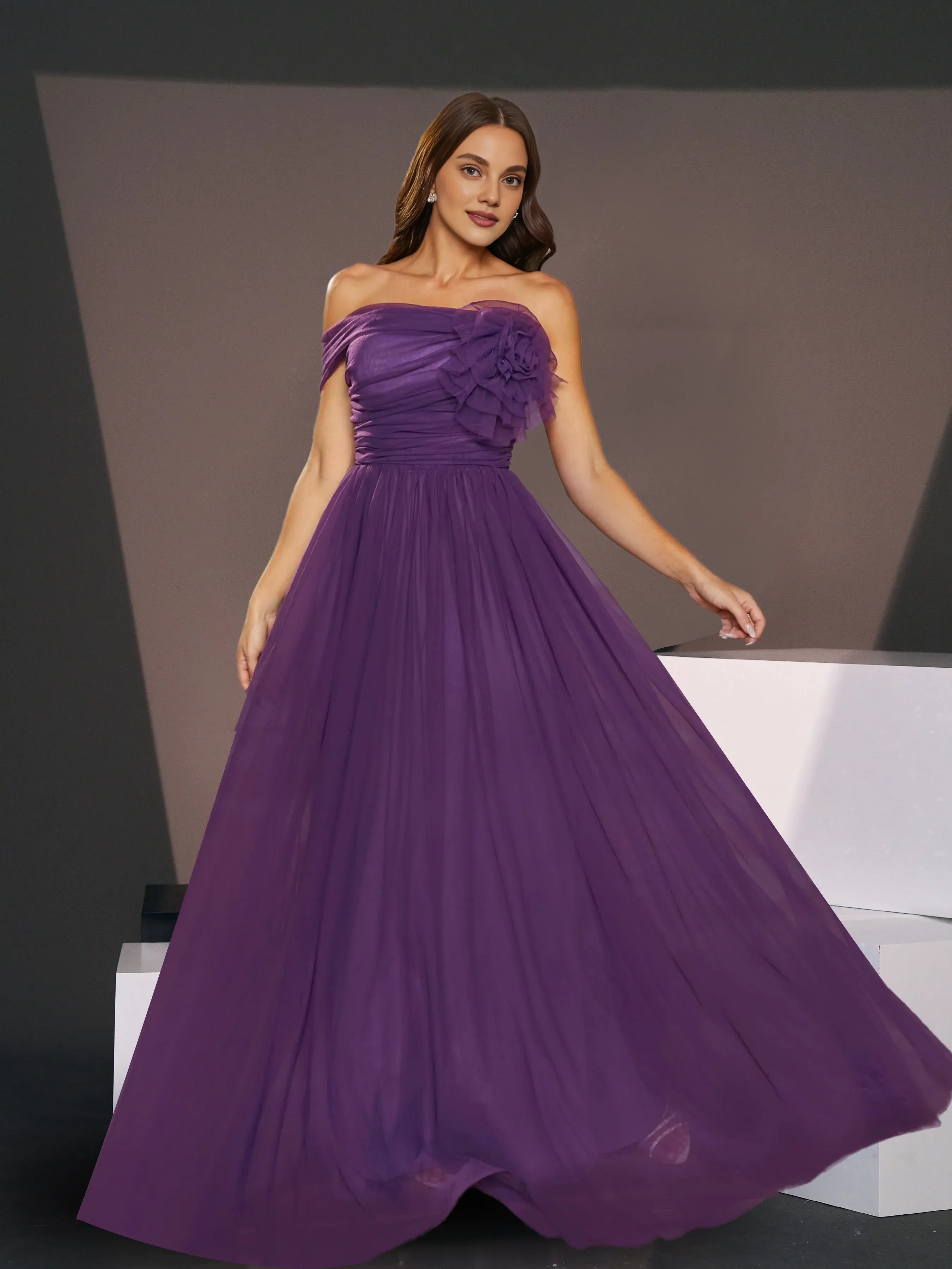 A-line Off Shoulder Sleeveless Back Zip Floor-Length Prom Dress