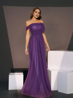 A-line Off Shoulder Sleeveless Back Zip Floor-Length Prom Dress