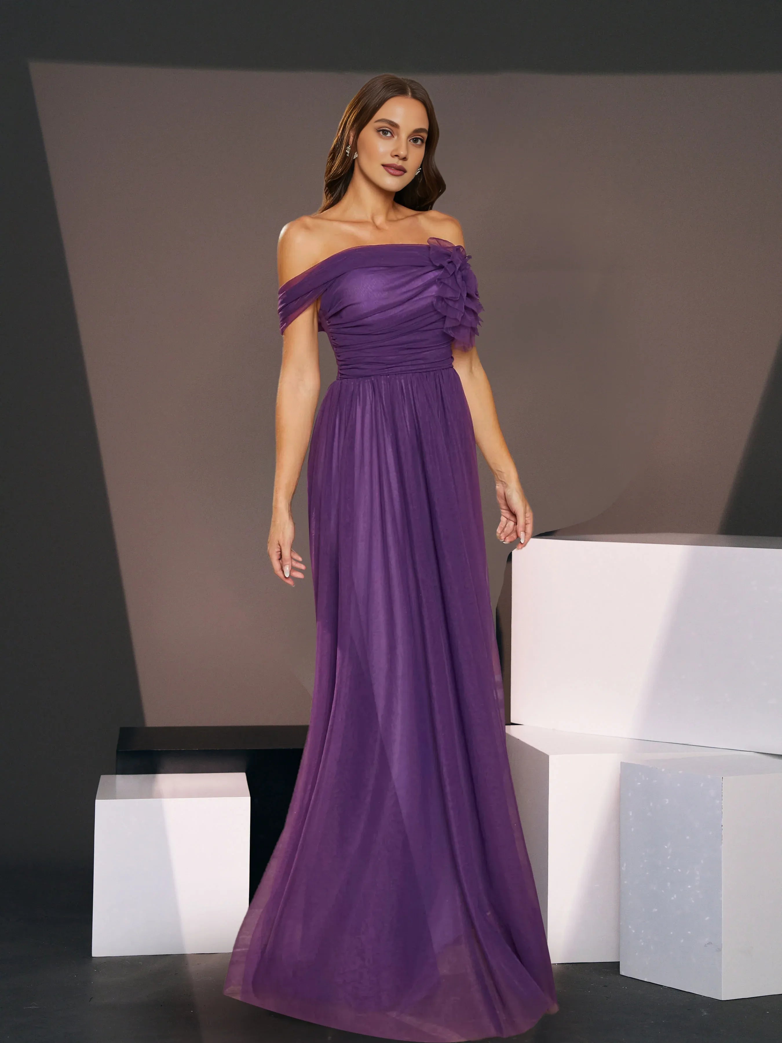 A-line Off Shoulder Sleeveless Back Zip Floor-Length Prom Dress