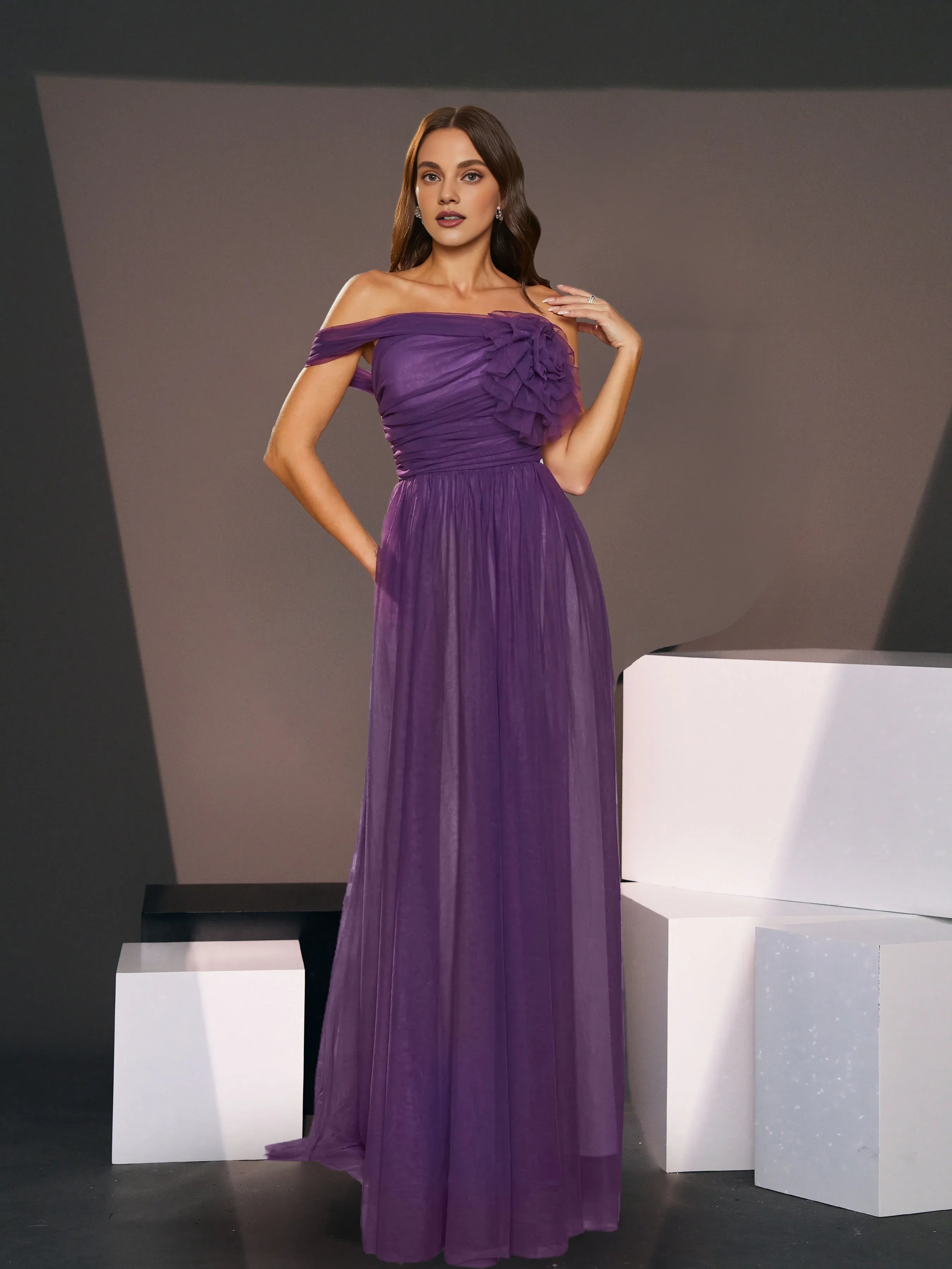 A-line Off Shoulder Sleeveless Back Zip Floor-Length Prom Dress