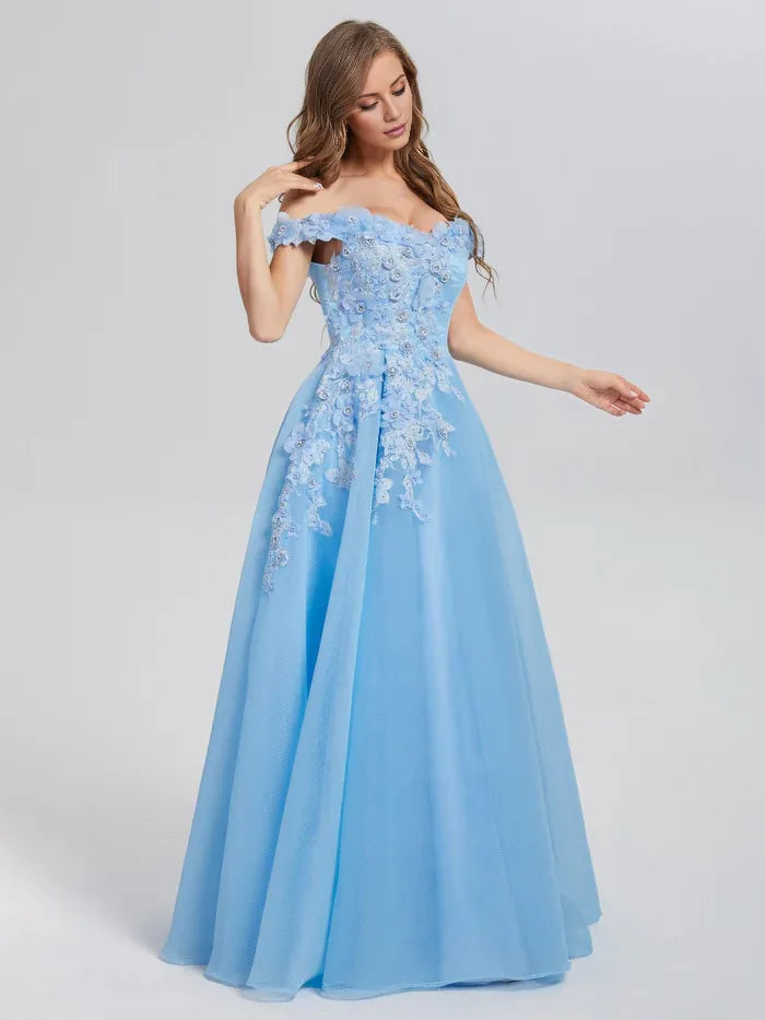 A-line Off the Shoulder Sleeveless Backless Floor-Length Prom Dress