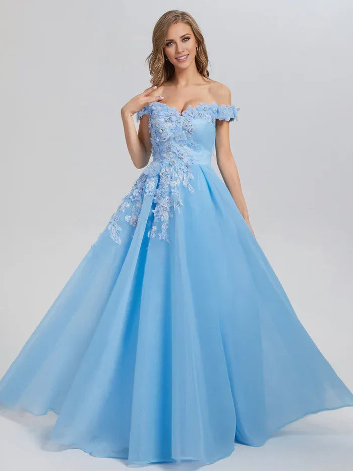 A-line Off the Shoulder Sleeveless Backless Floor-Length Prom Dress