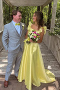 A-line Ruffle Strap Bow Back Floor Length Prom Gown