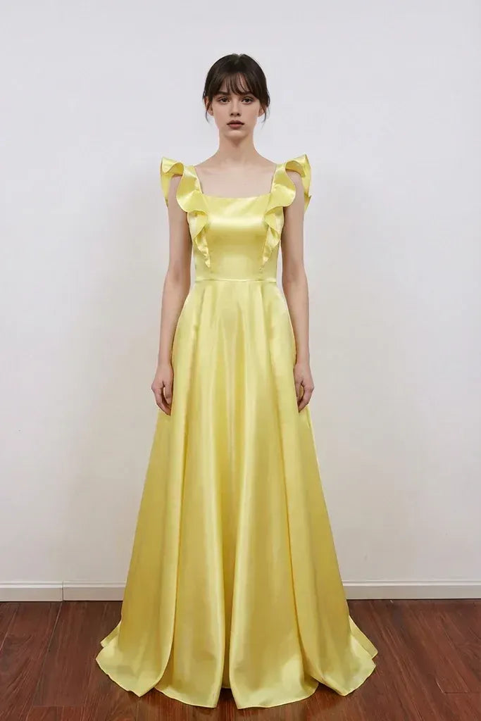 A-line Ruffle Strap Bow Back Floor Length Prom Gown