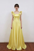 A-line Ruffle Strap Bow Back Floor Length Prom Gown