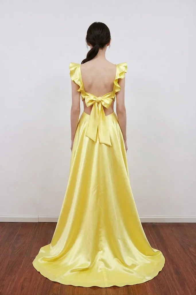 A-line Ruffle Strap Bow Back Floor Length Prom Gown
