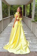 A-line Ruffle Strap Bow Back Floor Length Prom Gown