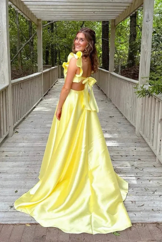 A-line Ruffle Strap Bow Back Floor Length Prom Gown
