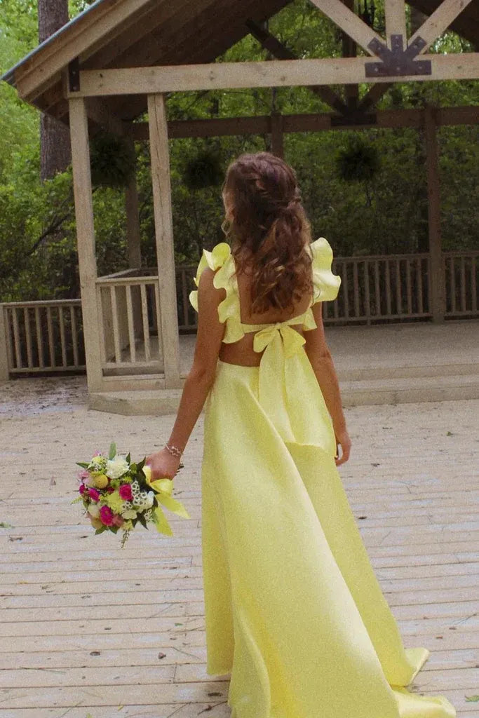 A-line Ruffle Strap Bow Back Floor Length Prom Gown
