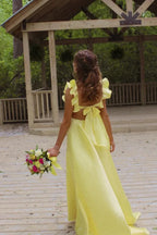 A-line Ruffle Strap Bow Back Floor Length Prom Gown
