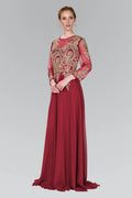 Unique A-line Scoop Neck Long Sleeve Sheer Back Floor-Length Prom Dress