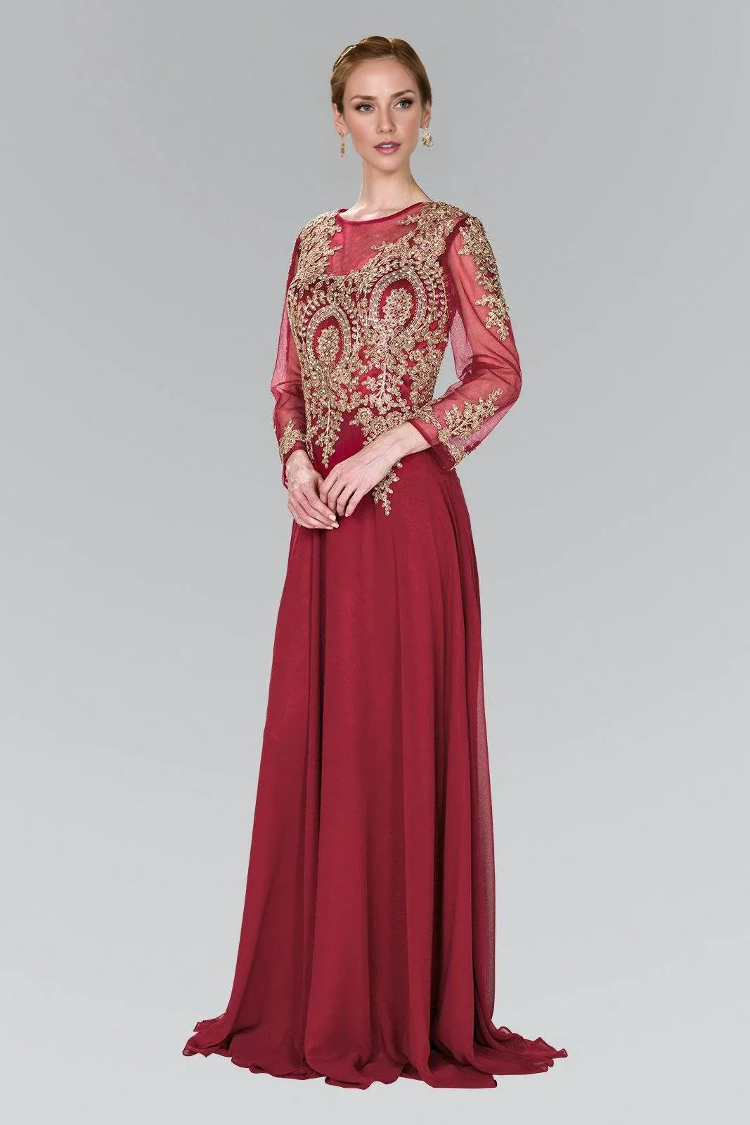 Unique A-line Scoop Neck Long Sleeve Sheer Back Floor-Length Prom Dress