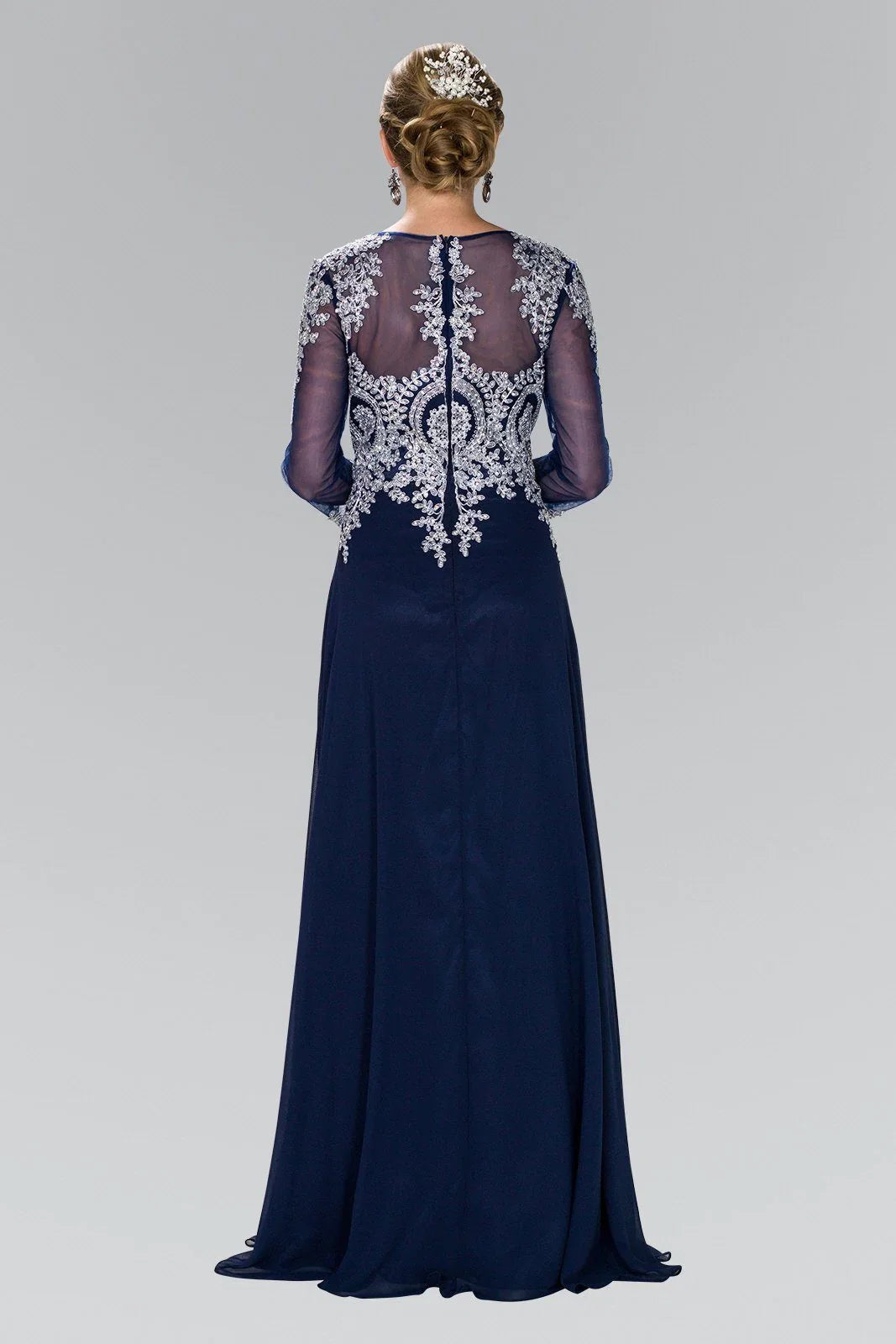 A-line Scoop Neck Long Sleeve Sheer Back Floor-Length Prom Dress