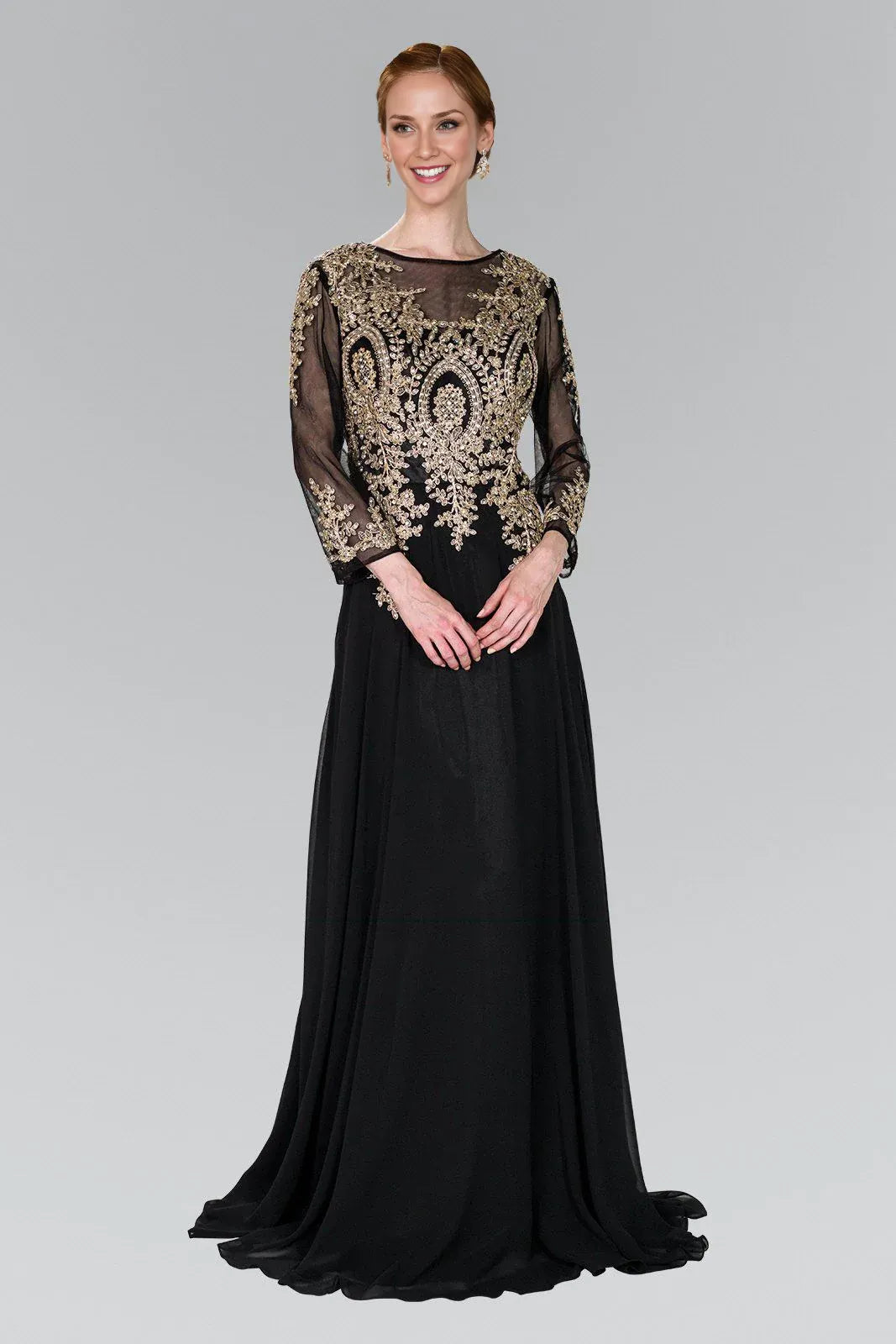 Unique A-line Scoop Neck Long Sleeve Sheer Back Floor-Length Prom Dress