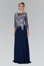 A-line Scoop Neck Long Sleeve Sheer Back Floor-Length Prom Dress