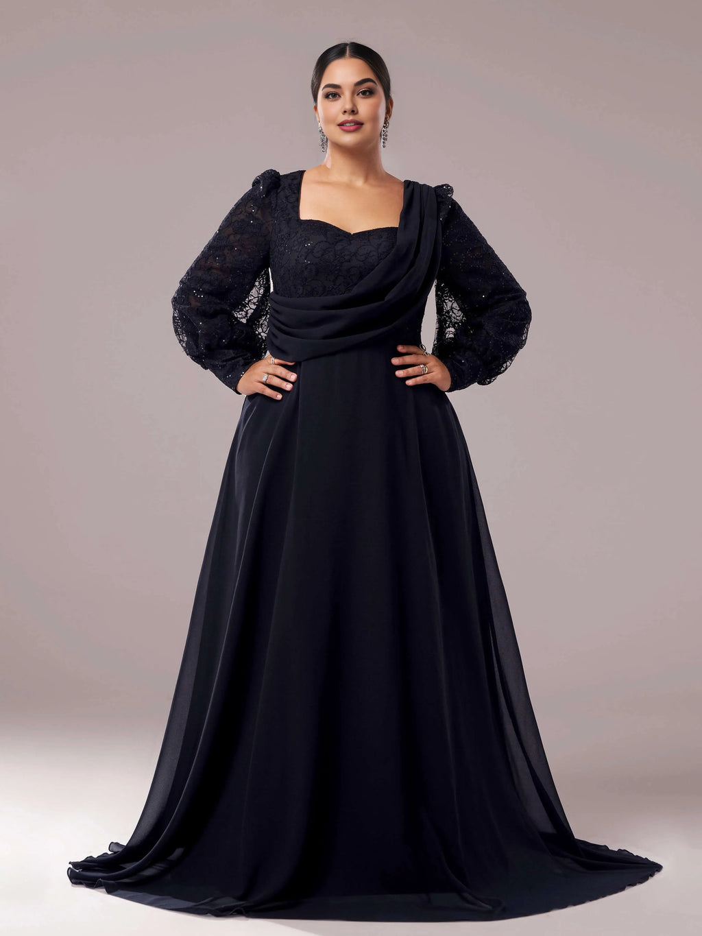 A-line Square Neck Long Sleeve Zipper Up Floor-Length Plus Size Prom Dress