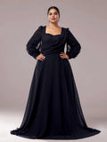 A-line Square Neck Long Sleeve Zipper Up Floor-Length Plus Size Prom Dress