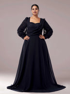 A-line Square Neck Long Sleeve Zipper Up Floor-Length Plus Size Prom Dress