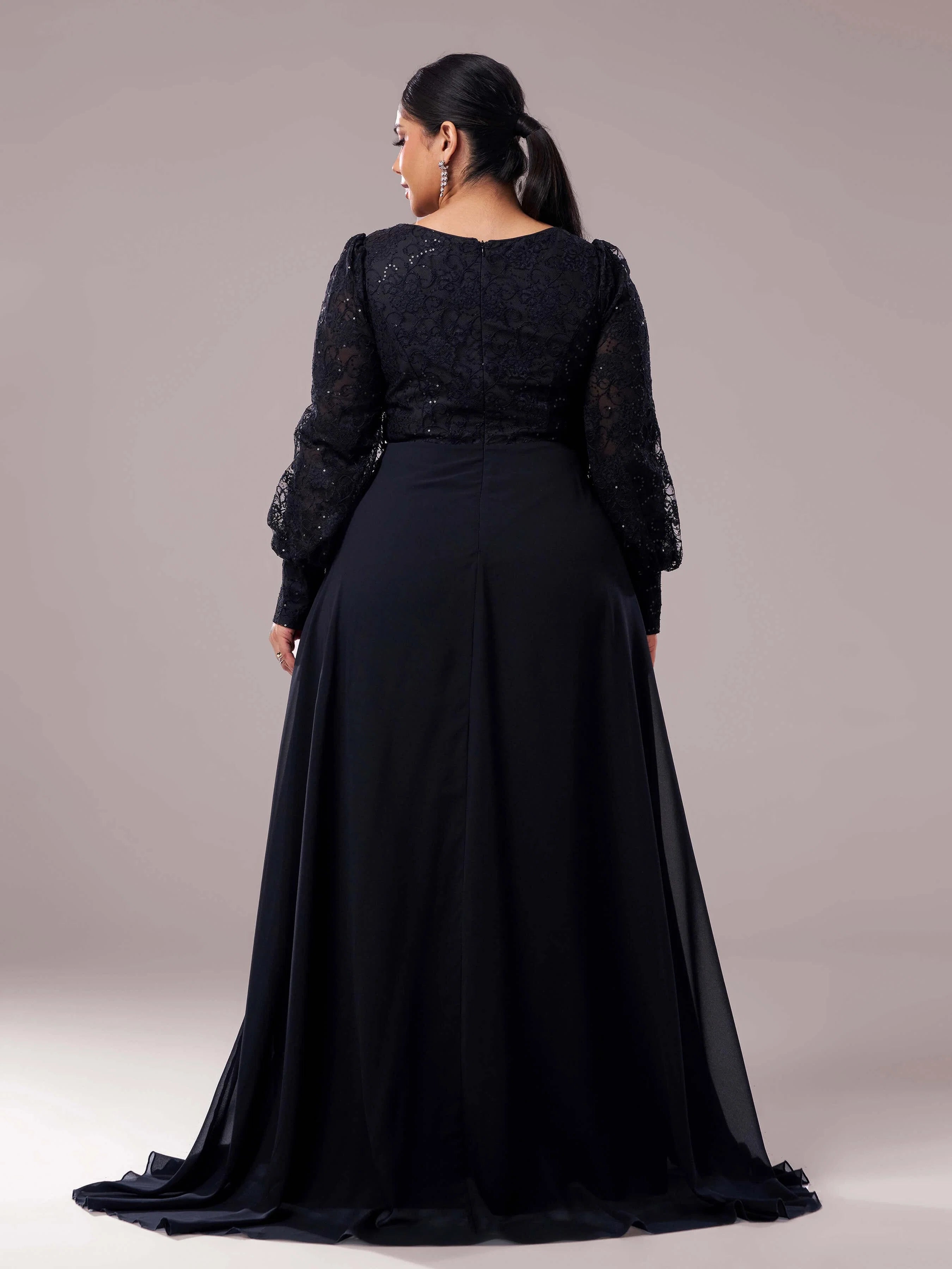 A-line Square Neck Long Sleeve Zipper Up Floor-Length Plus Size Prom Dress