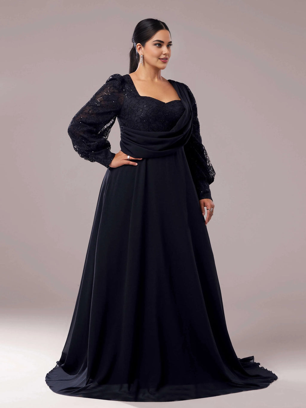 A-line Square Neck Long Sleeve Zipper Up Floor-Length Plus Size Prom Dress