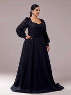 A-line Square Neck Long Sleeve Zipper Up Floor-Length Plus Size Prom Dress