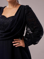 A-line Square Neck Long Sleeve Zipper Up Floor-Length Plus Size Prom Dress