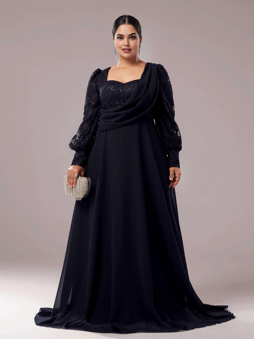 A-line Square Neck Long Sleeve Zipper Up Floor-Length Plus Size Prom Dress