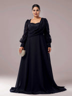 A-line Square Neck Long Sleeve Zipper Up Floor-Length Plus Size Prom Dress