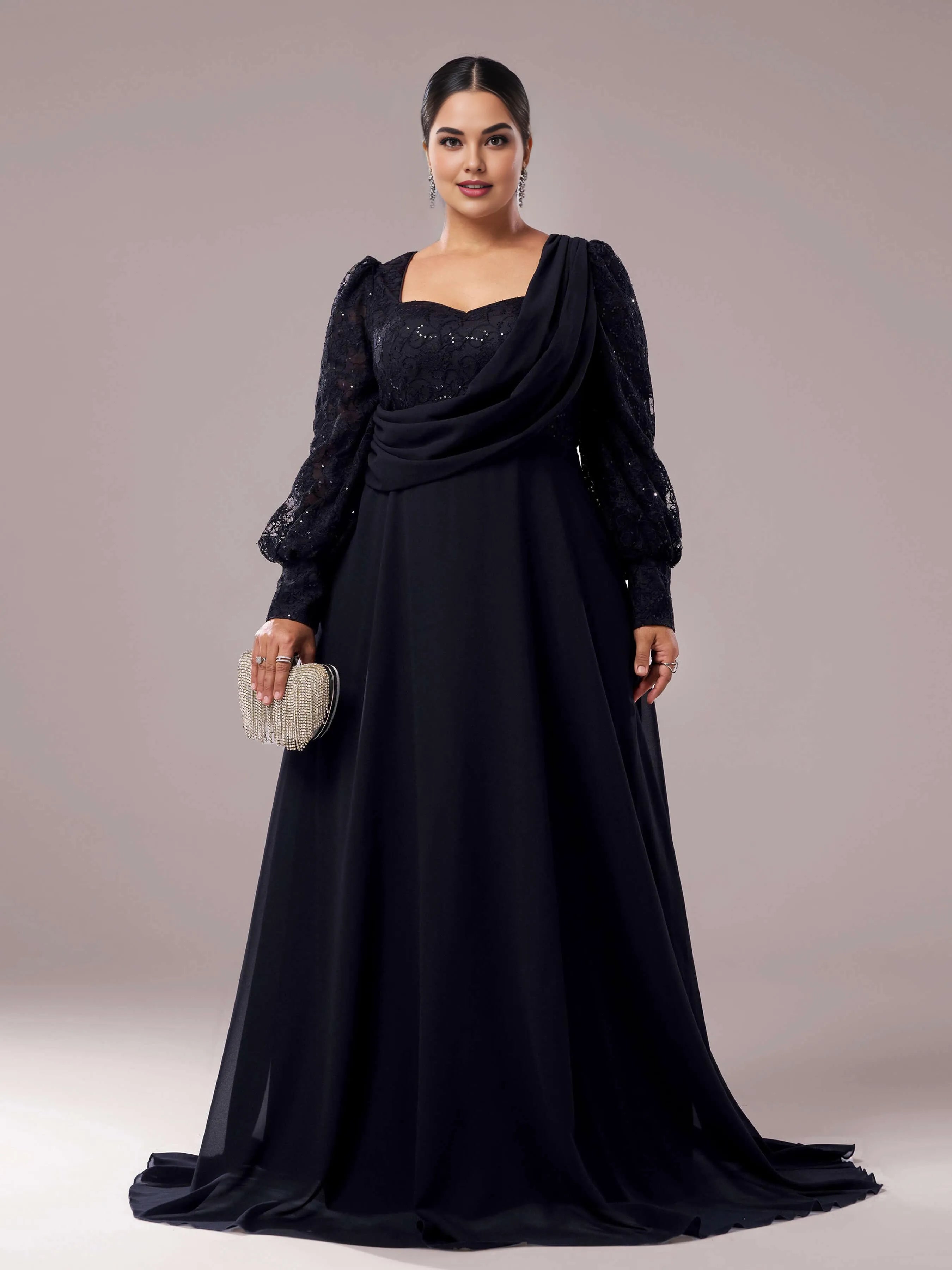 A-line Square Neck Long Sleeve Zipper Up Floor-Length Plus Size Prom Dress