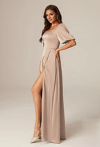 Elegant A-line Square Neckline Short Sleeves Back Zipper Floor Length Bridesmaid Dresses
