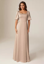 Elegant A-line Square Neckline Short Sleeves Back Zipper Floor Length Bridesmaid Dresses