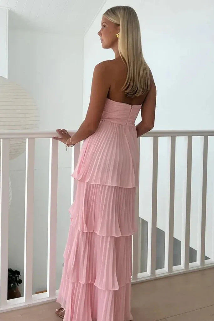 A-line Strapless Tiered Pleated Floor Length Maxi Dress Prom Dress