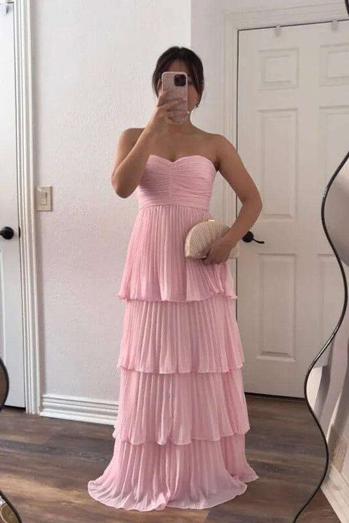 A-line Strapless Tiered Pleated Floor Length Maxi Dress Prom Dress