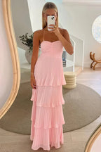 A-line Strapless Tiered Pleated Floor Length Maxi Dress Prom Dress