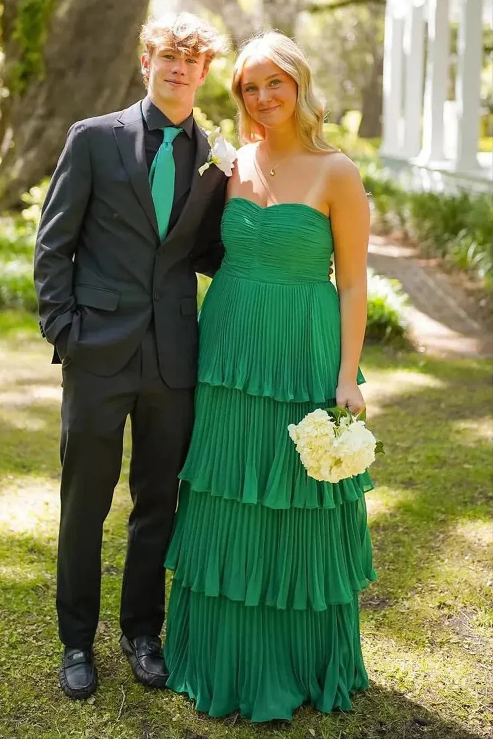 A-line Strapless Tiered Pleated Floor Length Maxi Dress Prom Dress