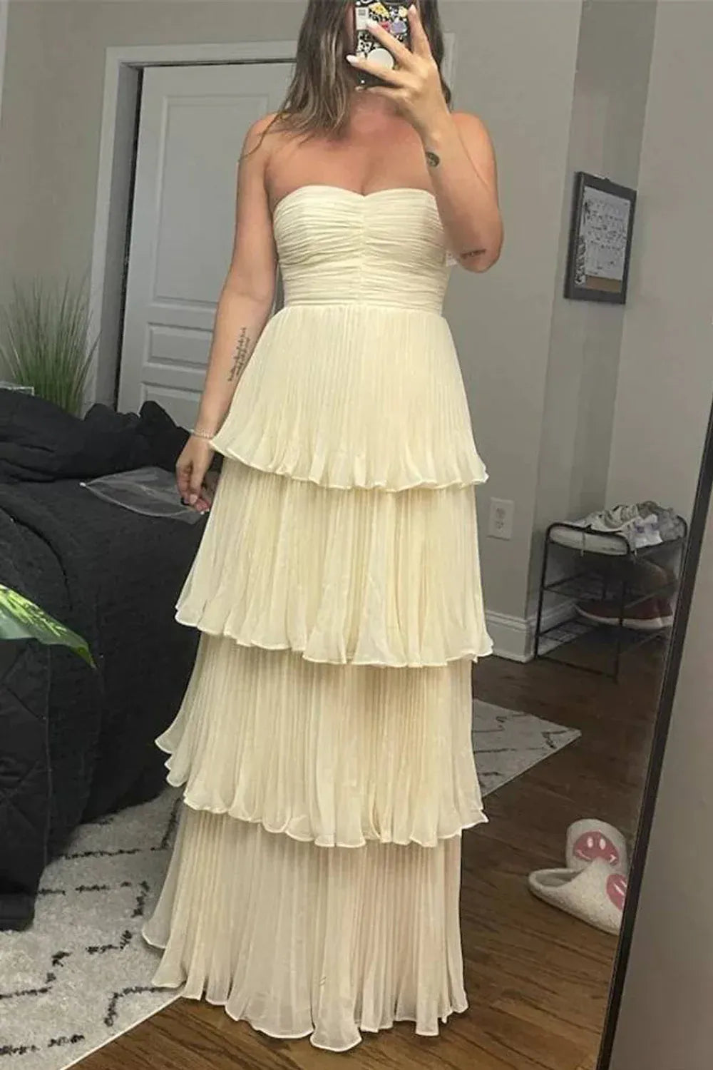 A-line Strapless Tiered Pleated Floor Length Maxi Dress Prom Dress