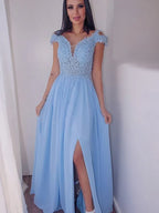 Elegant A-line V-neck Applique Lace Sky Blue Maxi Prom Dress With Slit