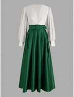 Elegant A-line V-neck Long-sleeved Two-tone White Emerald Green Maxi Evening Dress for Women Ready to Ship