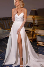 Elegant A-line V-neck Satin White Maxi Prom Dress for Women With Slit