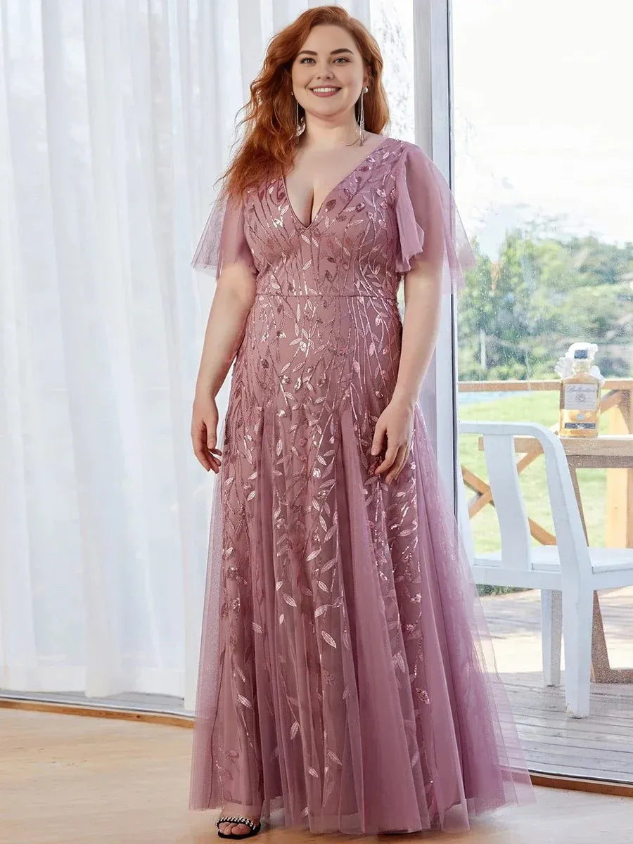 A-line V Neck Flutter Sleeve Back Zip Floor-Length Plus Size Prom Dress